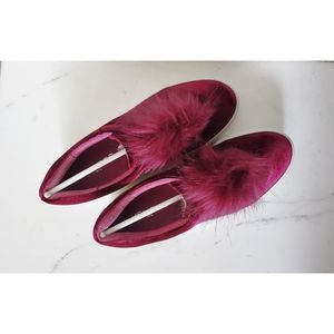 J/Slides Sneakers in Magenta with Faux Fur PomPom